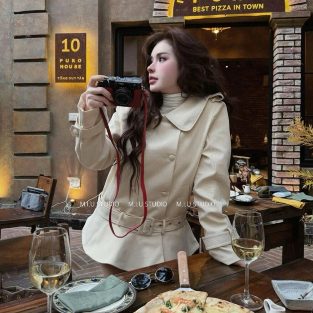 Áo váy mangto dài tay kèm bell thiết kế cổ sen đính khuy cài phối chân ngắn tùng xoè style tiểu thư sang chảnh (có sẵn)