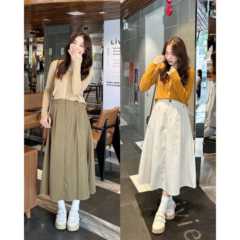 [Peinn] Chân váy kaki dáng dài vintage (ảnh thật)-MA 087
