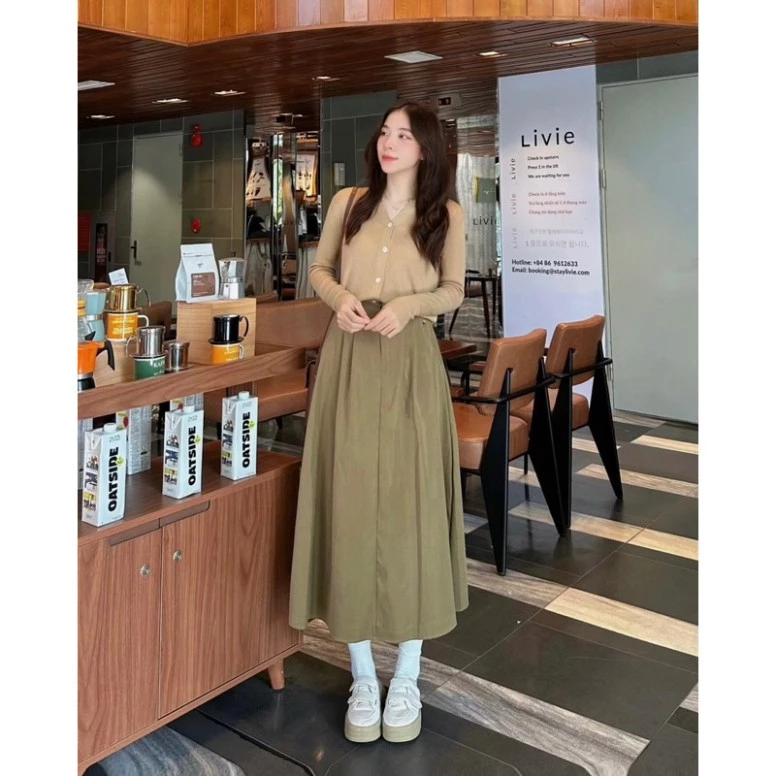 [Peinn] Chân váy kaki dáng dài vintage (ảnh thật)-MA 087