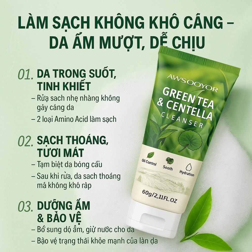 AWSOOYOR Sữa rửa mặt trà xanh rau má 60g mang lại cảm giác da sạch thoáng, làm sạch da dầu nhưng không khô, dưỡng ẩm nhẹ