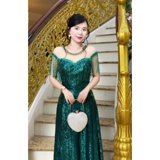 ĐẦM DẠ HỘI TRUNG NIÊN XÒE DÀI KIM SA KẾT HẠT ĐÔ LƯỚI TUA RUA TKO mm 2025a