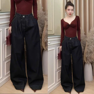 YURI JEANS - (Mã20) Quần Jeans Nữ Xếp Ly Ống Rộng Màu Đen Xám Phối Nắp Túi