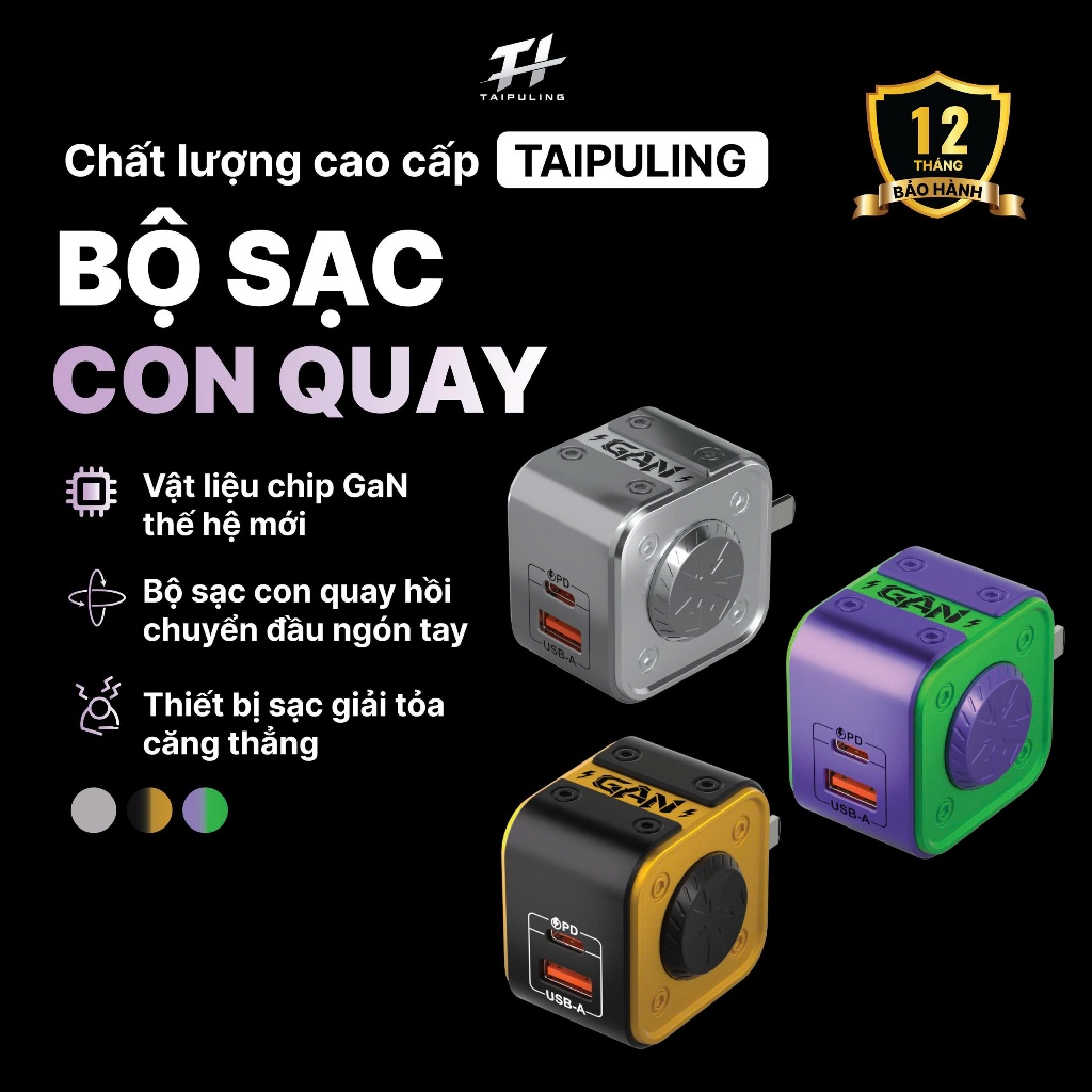 Cốc sạc  30W công nghệ mới, dạng con quay xoay bằng lực ấn, chân cắm có thể gập lại 4 in1  Cáp sạc