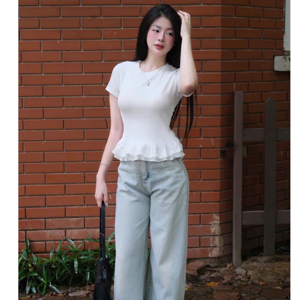 [Peinn] Áo thun ôm phối vạt bèo chất cotton mịn 12 THÁNG SÁU MA2225