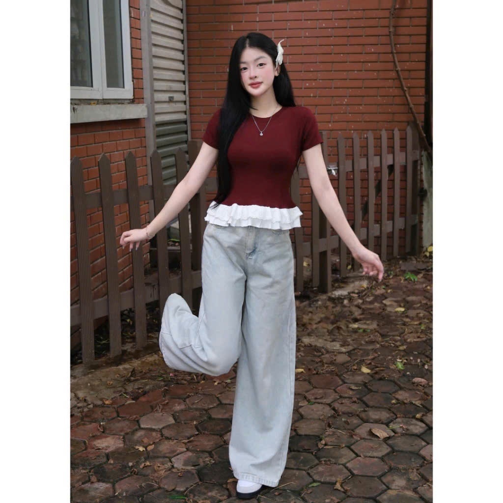 [Peinn] Áo thun ôm phối vạt bèo chất cotton mịn 12 THÁNG SÁU MA2225