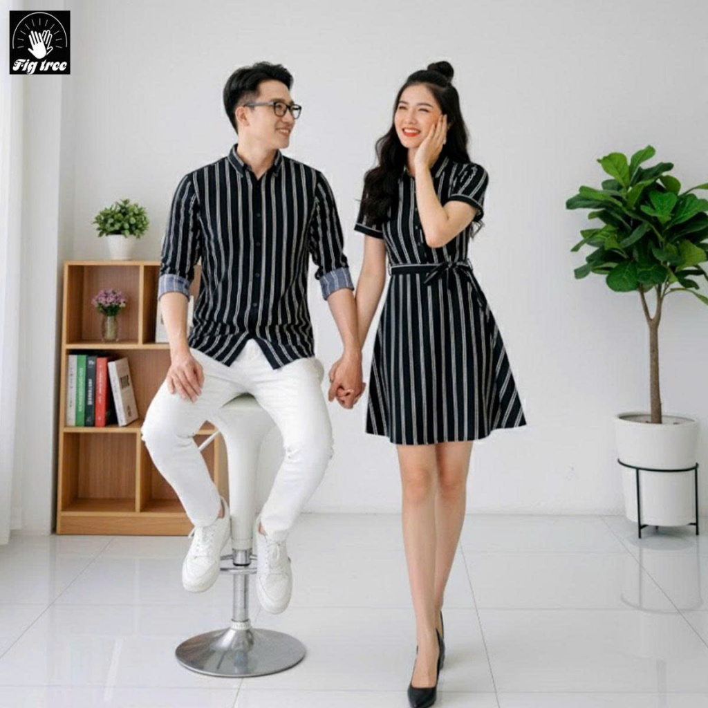 Set Sơ Mi Váy Đôi Fig Tree Sọc Đen Trắng Cho Couple (MS 155A)
