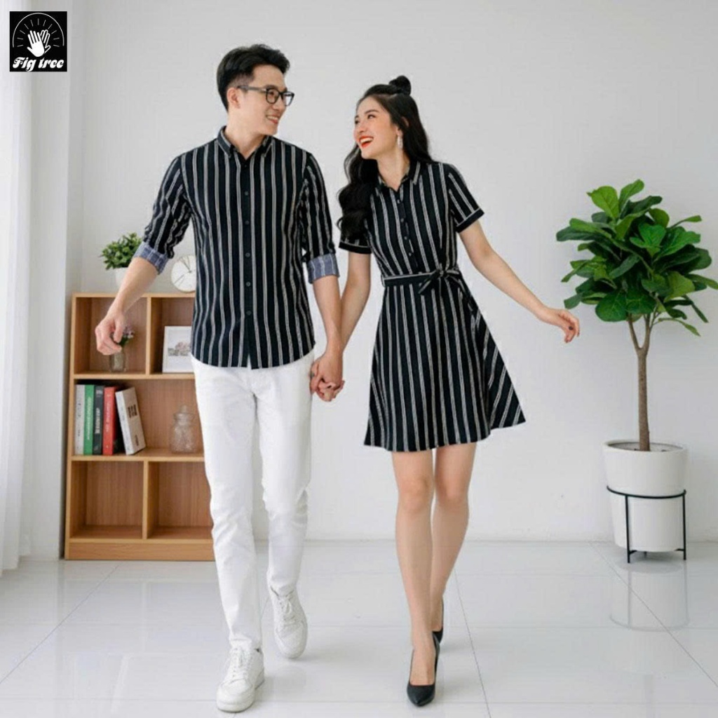 Set Sơ Mi Váy Đôi Fig Tree Sọc Đen Trắng Cho Couple (MS 155A)