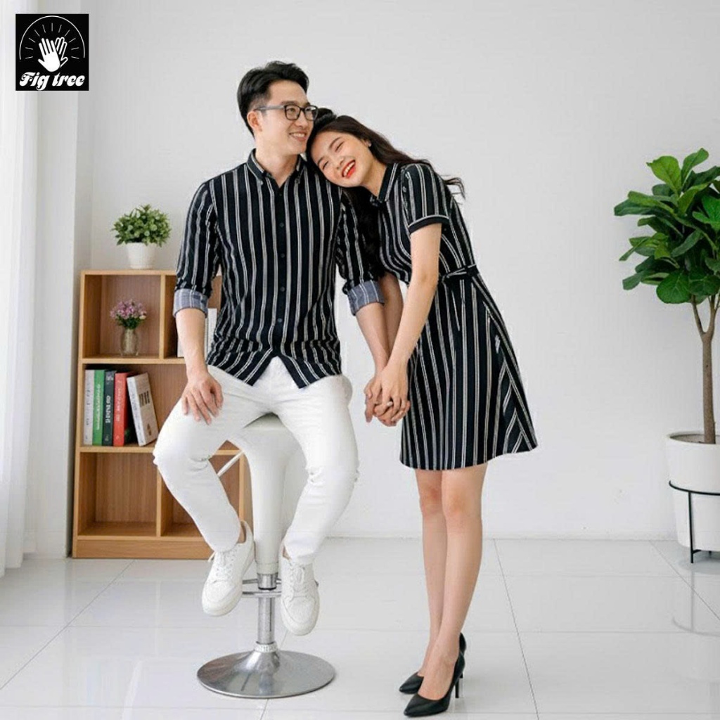 Set Sơ Mi Váy Đôi Fig Tree Sọc Đen Trắng Cho Couple (MS 155A)