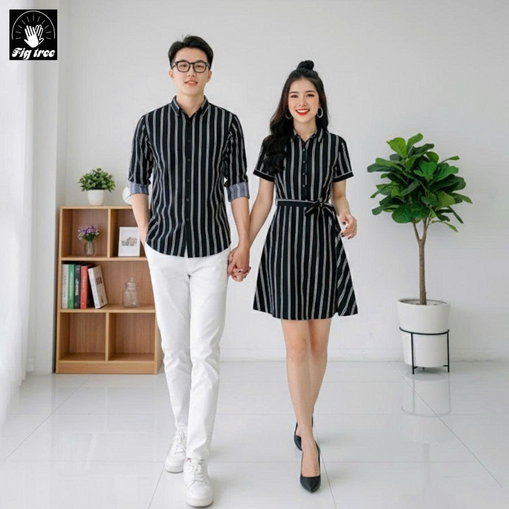Set Sơ Mi Váy Đôi Fig Tree Sọc Đen Trắng Cho Couple (MS 155A)