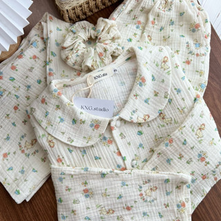 Đồ ngủ nữ tay dài quần dài – Pyjama vải xô muslin cổ sen họa tiết | KNG.studio (Tặng kèm dây buộc tóc scrunchies)
