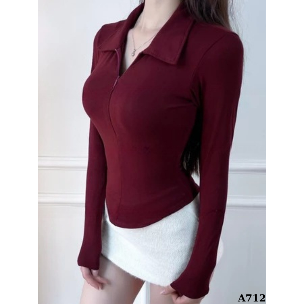 [Peinn] (DEAL MỞ BÁN) Áo Thun Nữ Cổ Bẻ Tay Dài Phối Dây Kéo Ôm Dáng Vạt Bầu Vải Cotton Mịn 12 THÁNG SÁU MA2705
