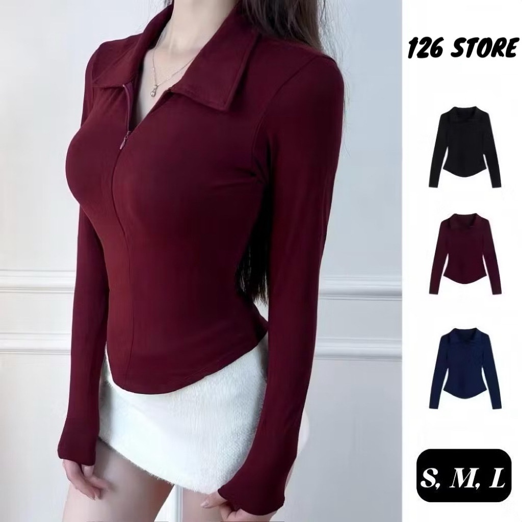 [Peinn] (DEAL MỞ BÁN) Áo Thun Nữ Cổ Bẻ Tay Dài Phối Dây Kéo Ôm Dáng Vạt Bầu Vải Cotton Mịn 12 THÁNG SÁU MA2705