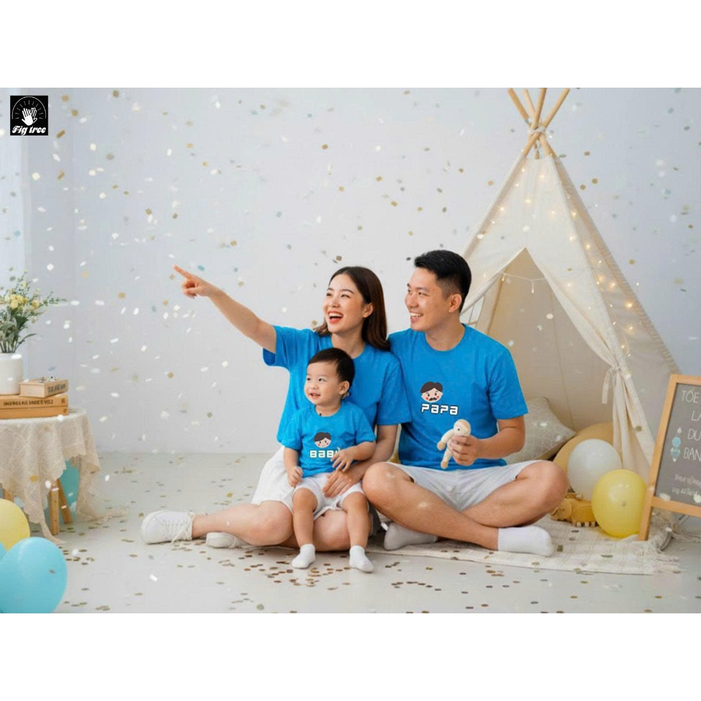 Áo Thun Gia Đình Fig Tree, Màu Xanh Ngọc PaPa, MaMa, Baby Siêu Dễ Thương, Chất Cotton Cao Cấp