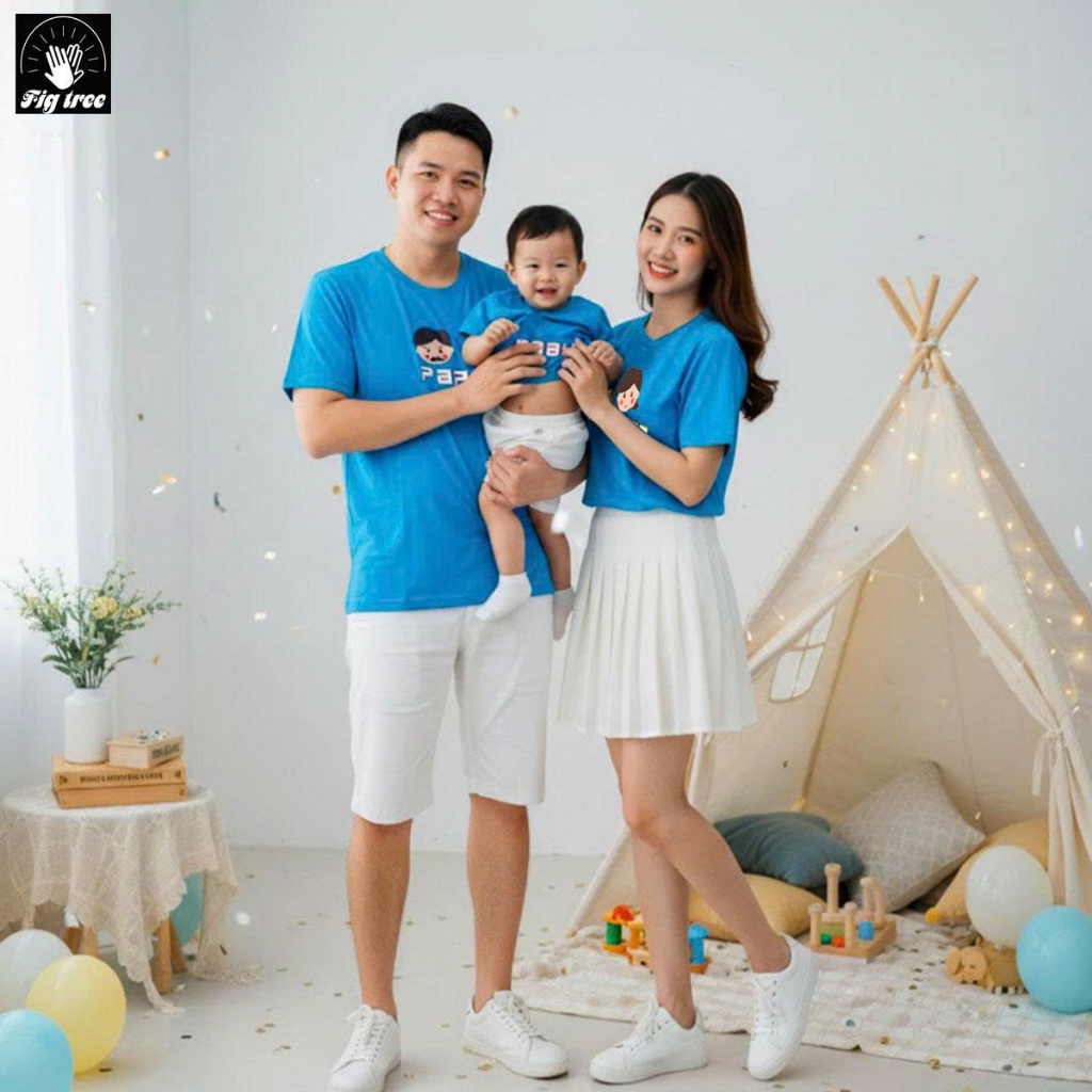 Áo Thun Gia Đình Fig Tree, Màu Xanh Ngọc PaPa, MaMa, Baby Siêu Dễ Thương, Chất Cotton Cao Cấp