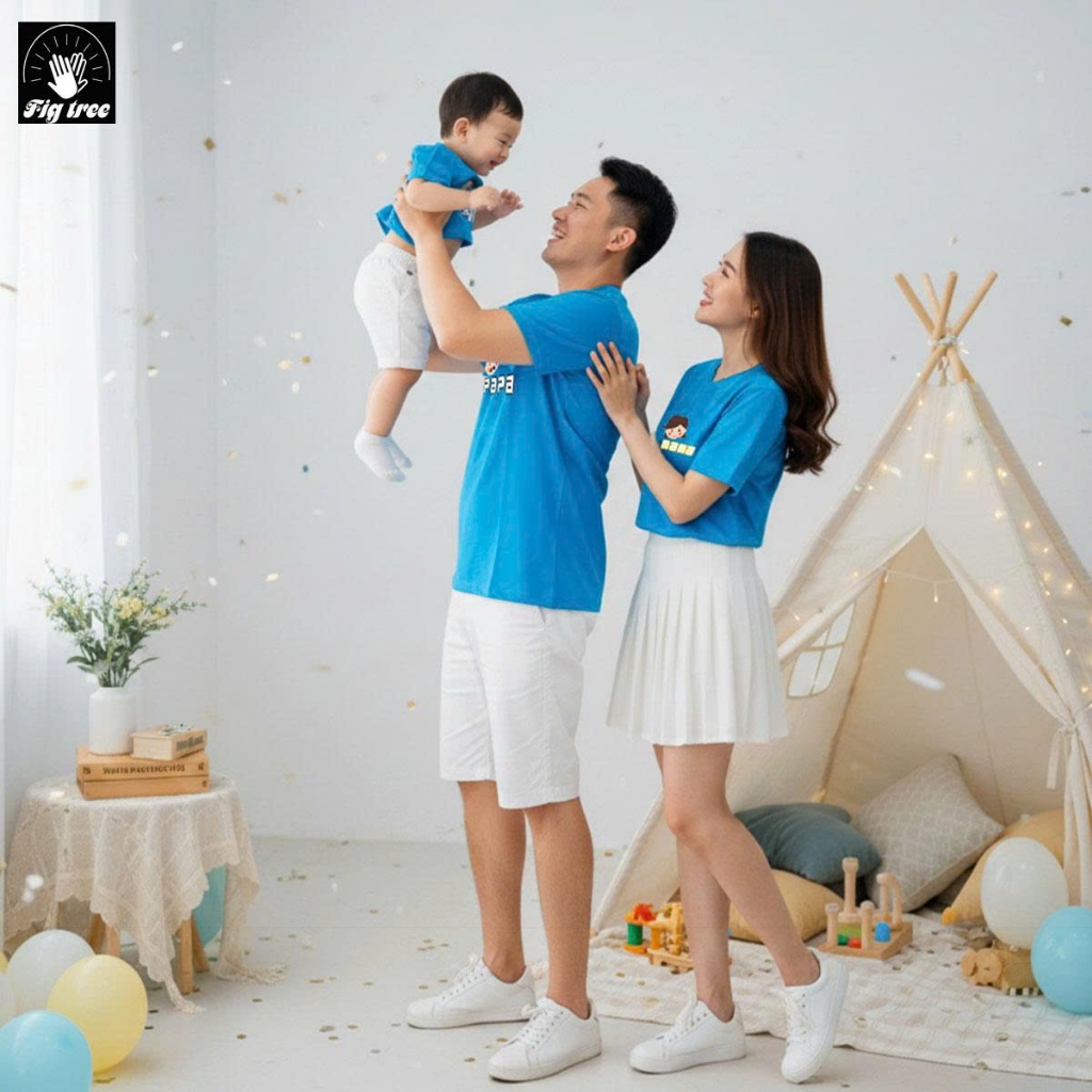 Áo Thun Gia Đình Fig Tree, Màu Xanh Ngọc PaPa, MaMa, Baby Siêu Dễ Thương, Chất Cotton Cao Cấp