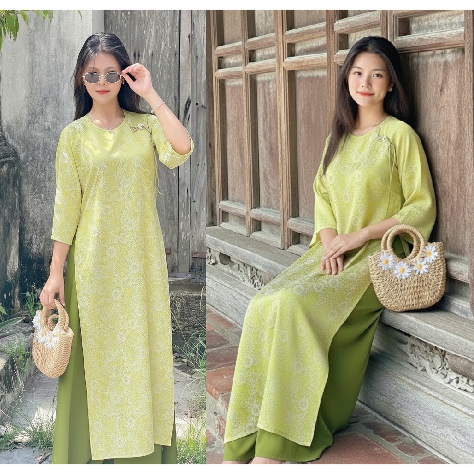 Set Bộ tân thời Tết áo dài suông cách tân không cổ tay lỡ chất lụa gấm màu xanh cốm gắn treo đủ size trẻ trung T1450G