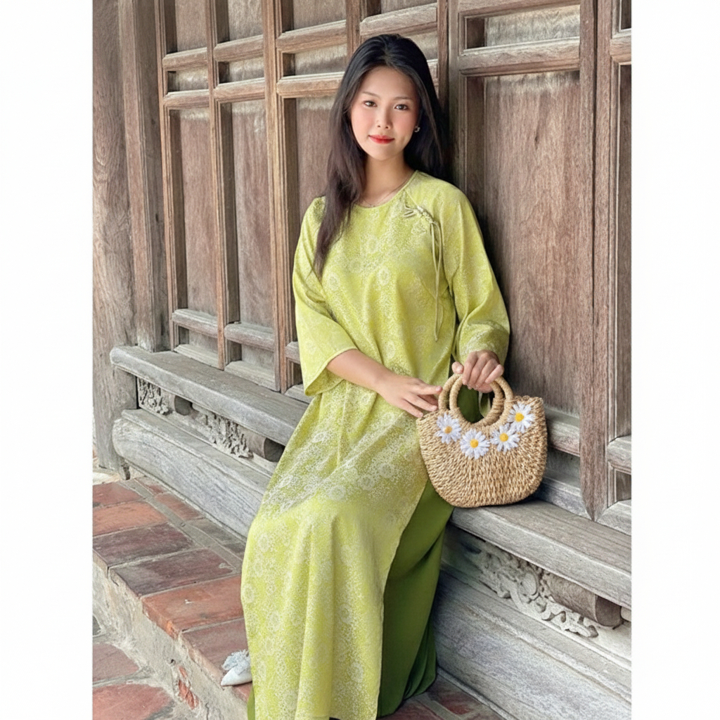 Set Bộ tân thời Tết áo dài suông cách tân không cổ tay lỡ chất lụa gấm màu xanh cốm gắn treo đủ size trẻ trung T1450G