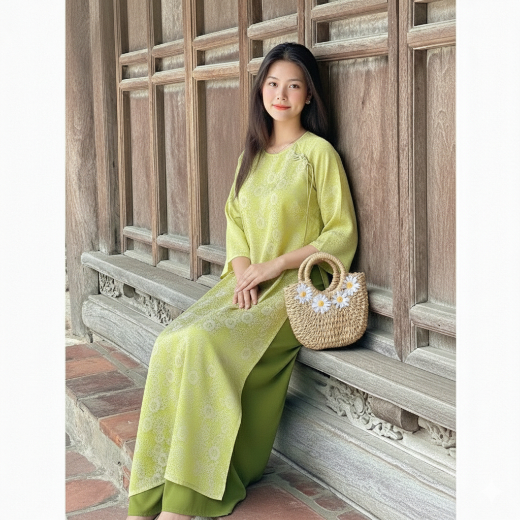 Set Bộ tân thời Tết áo dài suông cách tân không cổ tay lỡ chất lụa gấm màu xanh cốm gắn treo đủ size trẻ trung T1450G
