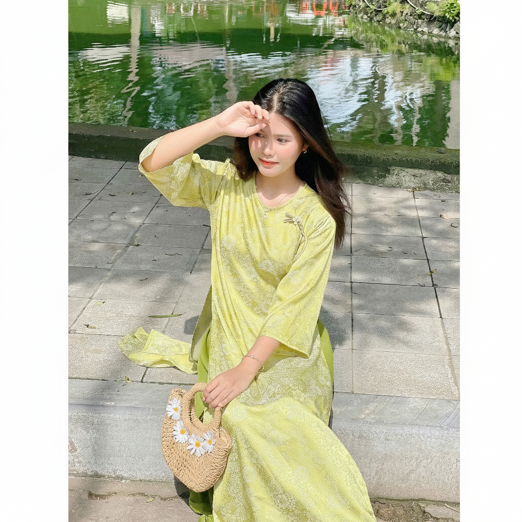 Set Bộ tân thời Tết áo dài suông cách tân không cổ tay lỡ chất lụa gấm màu xanh cốm gắn treo đủ size trẻ trung T1450G