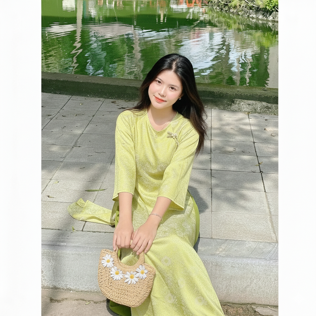 Set Bộ tân thời Tết áo dài suông cách tân không cổ tay lỡ chất lụa gấm màu xanh cốm gắn treo đủ size trẻ trung T1450G