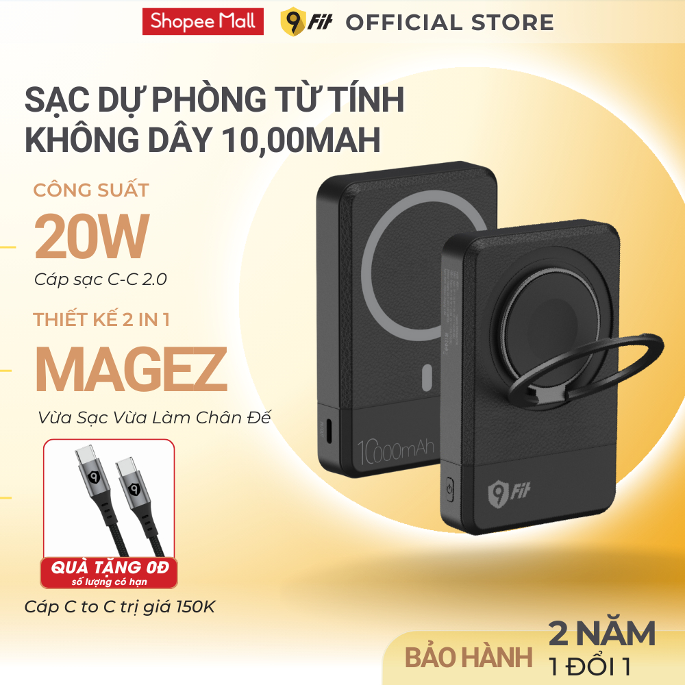 [Tặng cáp C-C] Sạc Dự Phòng 9Fit Mag Pro 10.000mAh, Sạc nhanh PD 20W, Hít từ tính 15W, Chính Hãng, Bảo Hành 2 Năm
