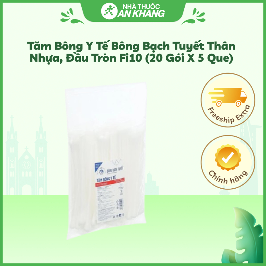 Tăm bông y tế Bông Bạch Tuyết thân nhựa, đầu tròn Fi10 (20 gói x 5 que)