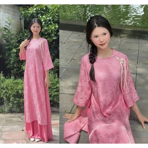 Set Áo Dài Cách Tân Nữ Chất Lụa Gấm Dáng Suông Màu Hồng Họa Tiết Vân Sang Trọng Mặc Tết Đi Lễ Chùa T1451G