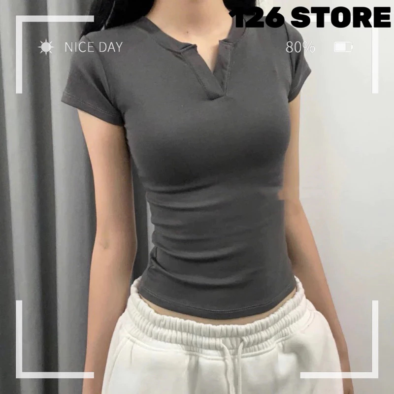 [Peinn] Áo thun cổ trụ tàu ôm body cotton 2 màu trắng xám 126 Store-MA 305