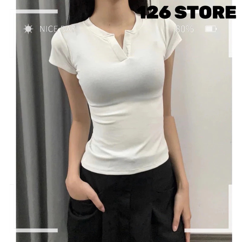 [Peinn] Áo thun cổ trụ tàu ôm body cotton 2 màu trắng xám 126 Store-MA 305
