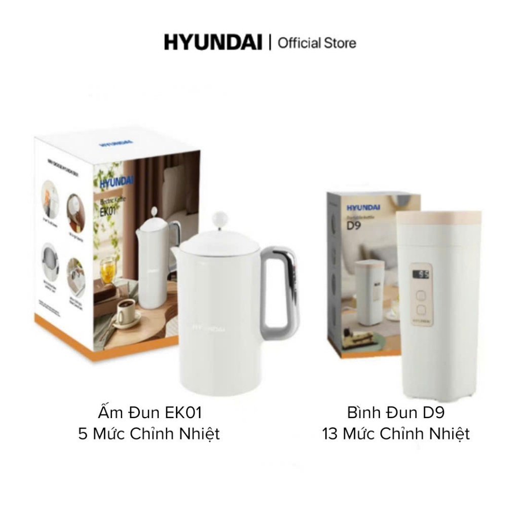 Dòng Ấm Đun HYUNDAI Điều Chỉnh Nhiệt – EK01 (5 Mức) & D9 (13 Mức), Thép Không Gỉ, Màn Hình LED