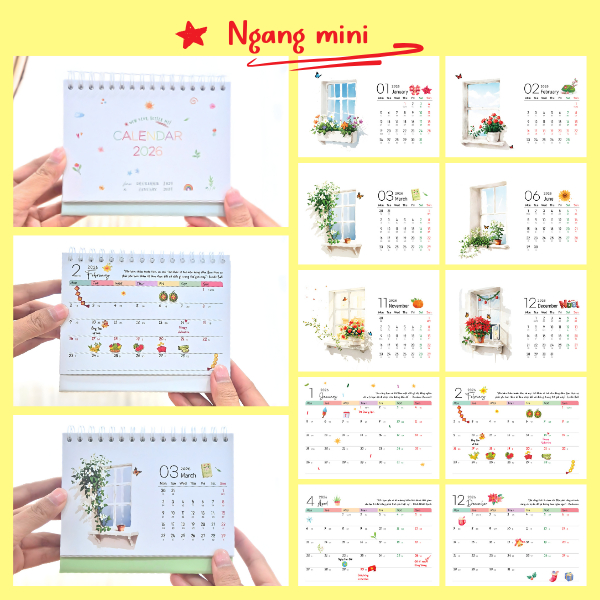 Lịch để bàn mini 2026 dễ thương, có lịch âm và ngày lễ Tết (Lịch từ 12/2025~1/2027)