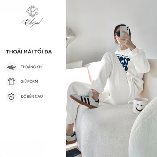 Set Bộ Nỉ Nữ Thu Đông CHEPOL Cổ Tròn, In Chữ LOVE, Chất Nỉ Chân Cua Cao Cấp ( Áo Sweater Trắng + Quần Dài Trắng)CP_17589