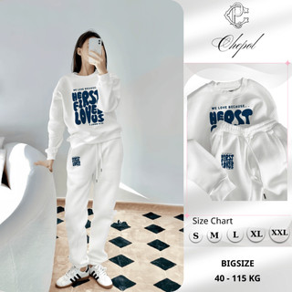 Set Bộ Nỉ Nữ Thu Đông CHEPOL Cổ Tròn, In Chữ LOVE, Chất Nỉ Chân Cua Cao Cấp ( Áo Sweater Trắng + Quần Dài Trắng)CP_17589