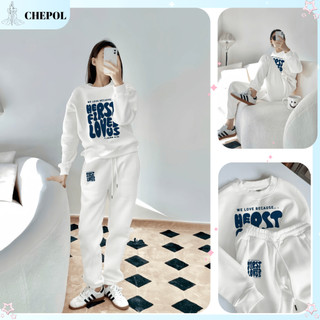 Set Bộ Nỉ Nữ Thu Đông CHEPOL Cổ Tròn, In Chữ LOVE, Chất Nỉ Chân Cua Cao Cấp ( Áo Sweater Trắng + Quần Dài Trắng)CP_17589