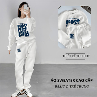Set Bộ Nỉ Nữ Thu Đông CHEPOL Cổ Tròn, In Chữ LOVE, Chất Nỉ Chân Cua Cao Cấp ( Áo Sweater Trắng + Quần Dài Trắng)CP_17589