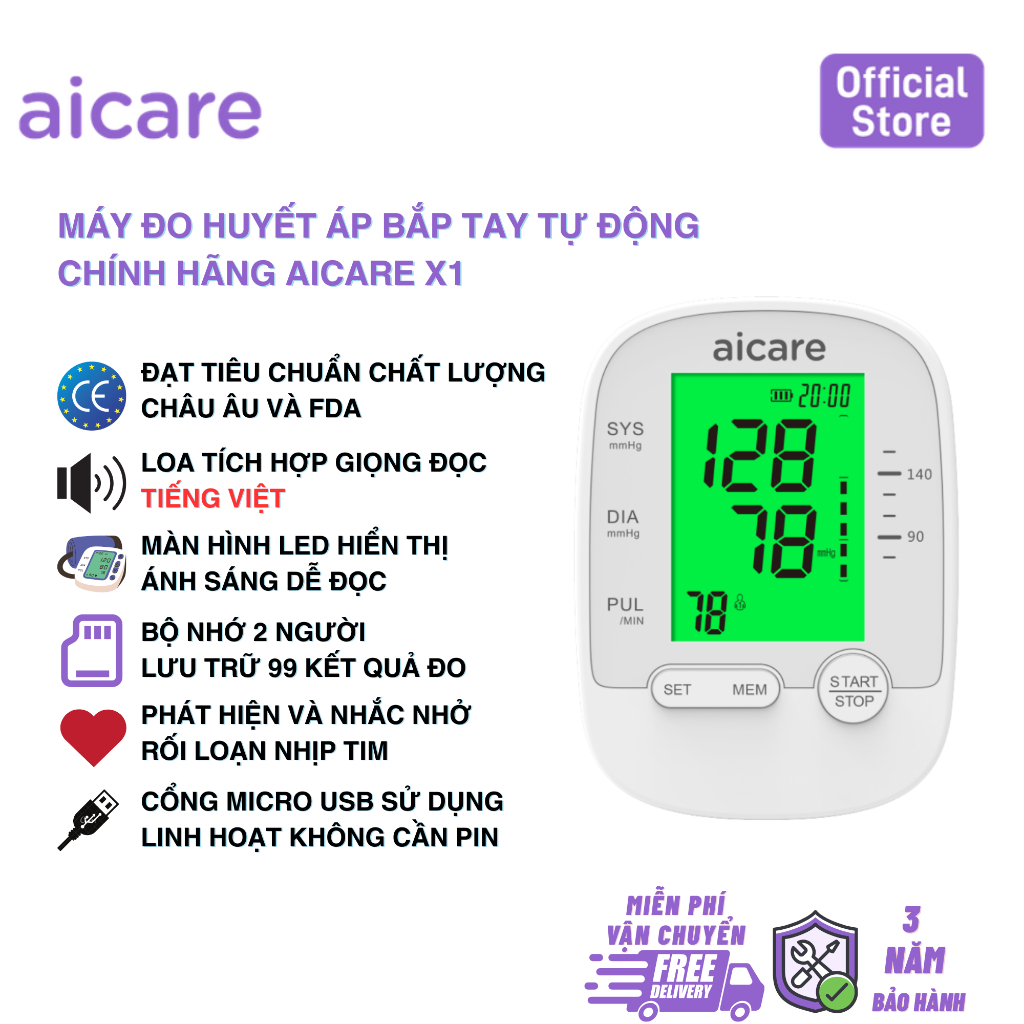 Máy Đo Huyết Áp Bắp Tay Tự Động Chính Hãng AICARE X1, Giọng Nói Tiếng Việt Dễ