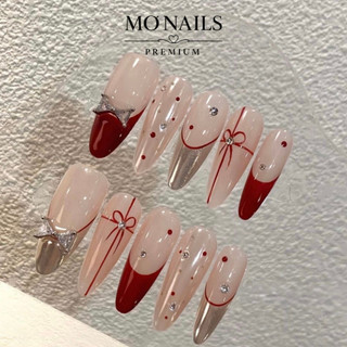 Nailbox Thiết Kế, Móng Úp, Móng Tay Giả Thạch Nude Phối Đỏ Fench Tráng Gương Sang Cho Noel Và Tết P31