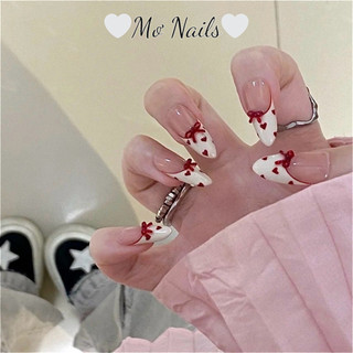 (Tặng hộp,keo) Nail Box Thiết Kế Móng Úp, Mong Giả Hồng Thạch Fench Nơ Đỏ Noel và Tết M21