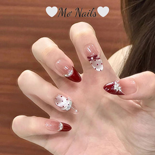 (Tặng hộp,keo) Nail Box Thiết Kế Móng Úp, Mong Giả Hồng Thạch Phối Fench Đỏ Mắt Mèo Mẫu Noel Và Tết M41