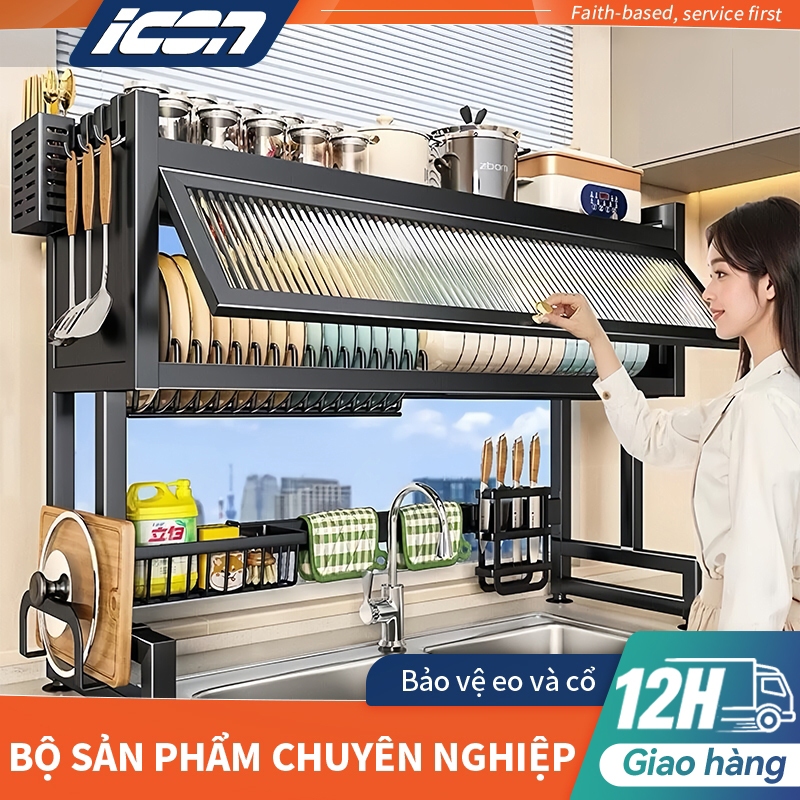 【Chuyên Dùng Trên Bồn Rửa】Kệ Để Chén Bát ICON 2 Tầng Thép Carbon - Có Nắp Chống Bụi, Chất Liệu Cao Cấp, Bảo Hành 12Tháng