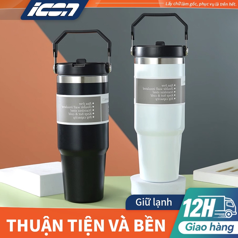 ICON Ly giữ nhiệt nóng lạnh,  bằng thép không gỉ 304, có ống hút, tay cầm và quai xách, cốc xe hơi