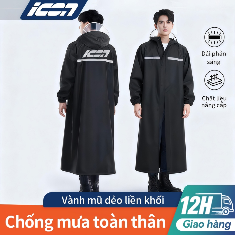Áo Mưa Cao Cấp ICON - Chống Nước 3 Lớp, Chống Thấm & Phản Quang | mũ liền nhựa trong suốt