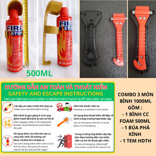 Combo 3 sản phẩm cấn thiết dùng cho xe oto:Búa phá kính+Bình CC mini FOAM+Tem hướng dẫn thoát hiểm