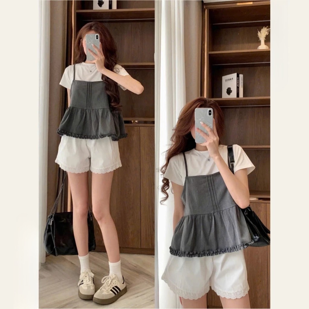 [Peinn] Set Đồ Nữ Áo Thun Trơn Cộc Tay Kèm Áo 2 Dây Xếp Ly Viền Bèo 12 Tháng Sáu MA800