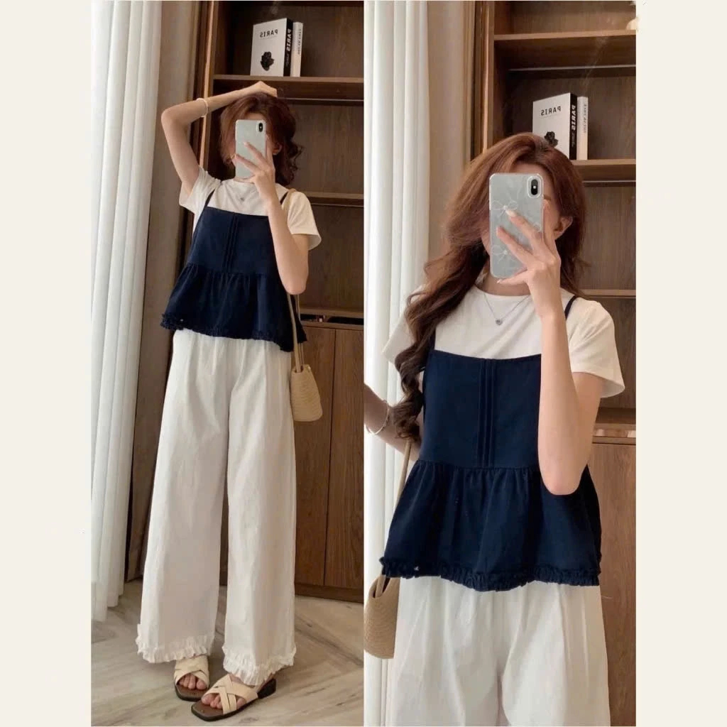 [Peinn] Set Đồ Nữ Áo Thun Trơn Cộc Tay Kèm Áo 2 Dây Xếp Ly Viền Bèo 12 Tháng Sáu MA800