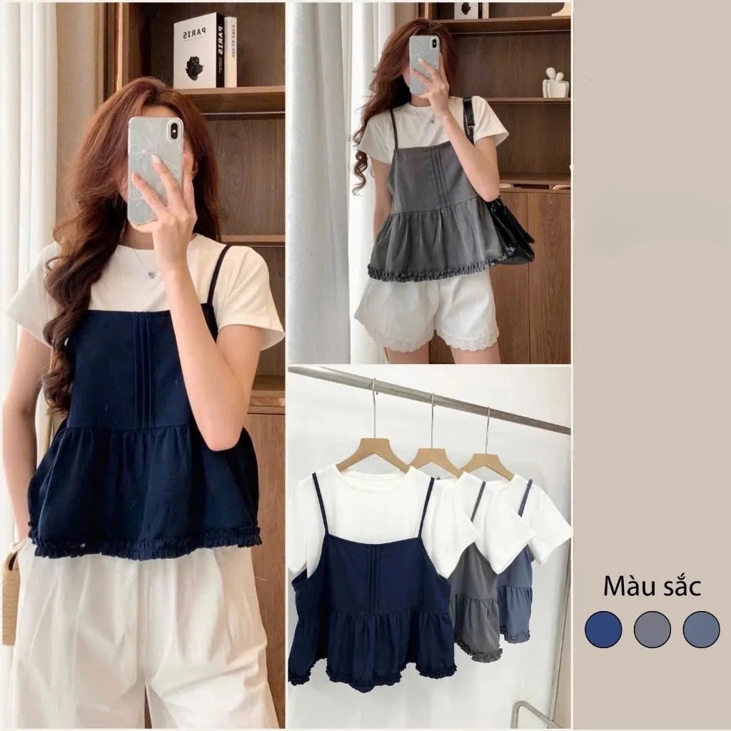 [Peinn] Set Đồ Nữ Áo Thun Trơn Cộc Tay Kèm Áo 2 Dây Xếp Ly Viền Bèo 12 Tháng Sáu MA800