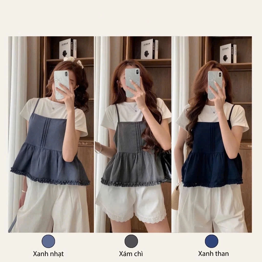 [Peinn] Set Đồ Nữ Áo Thun Trơn Cộc Tay Kèm Áo 2 Dây Xếp Ly Viền Bèo 12 Tháng Sáu MA800