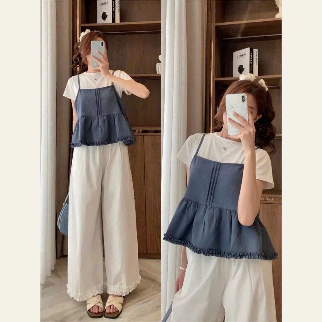 [Peinn] Set Đồ Nữ Áo Thun Trơn Cộc Tay Kèm Áo 2 Dây Xếp Ly Viền Bèo 12 Tháng Sáu MA800