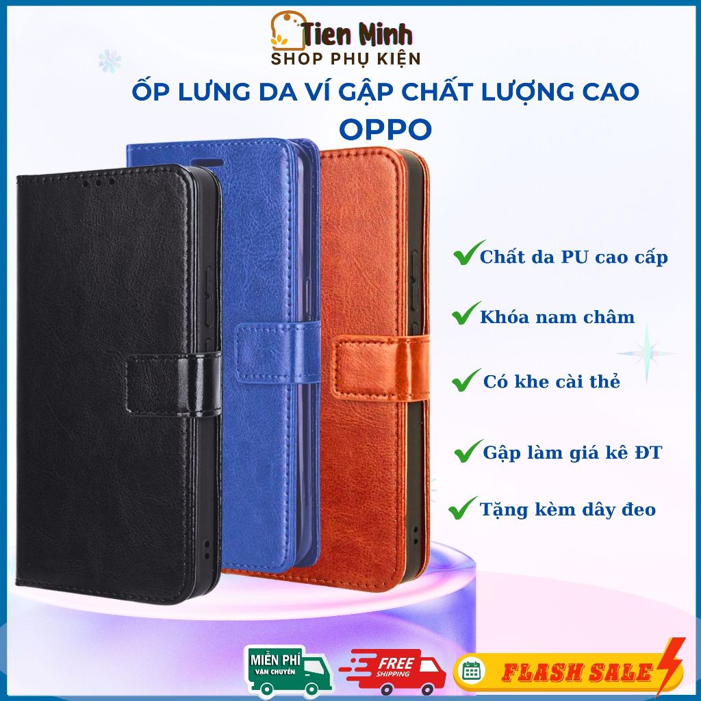 Ốp Lưng Bao Da Ví Gập OPPO Chất Lượng Cao 2 Mặt, Đời A3 A12 A15 A16 A60 A1K A3S A5S A52 A74 A78 A9