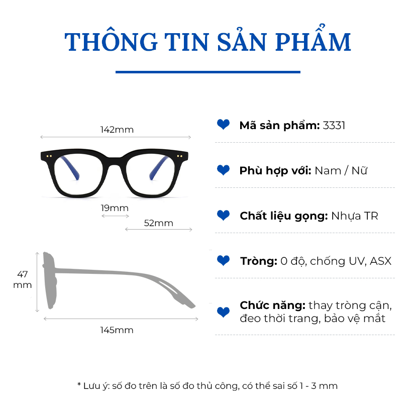Gọng kính cận nữ nam mắt kính thời trang Hàn Quốc chống tia UV và ánh sáng xanh gọng bền đẹp thay được tròng cận 3331